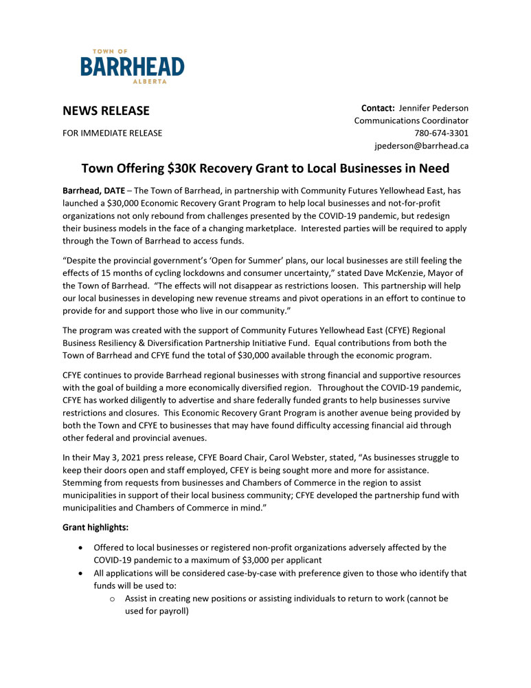 news release brh economic recovery grant 06